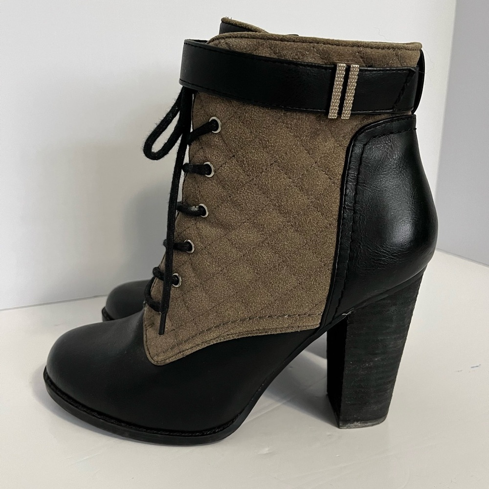 Dark Academia Quilted Lace-Up Block Heel Boots Black Khaki